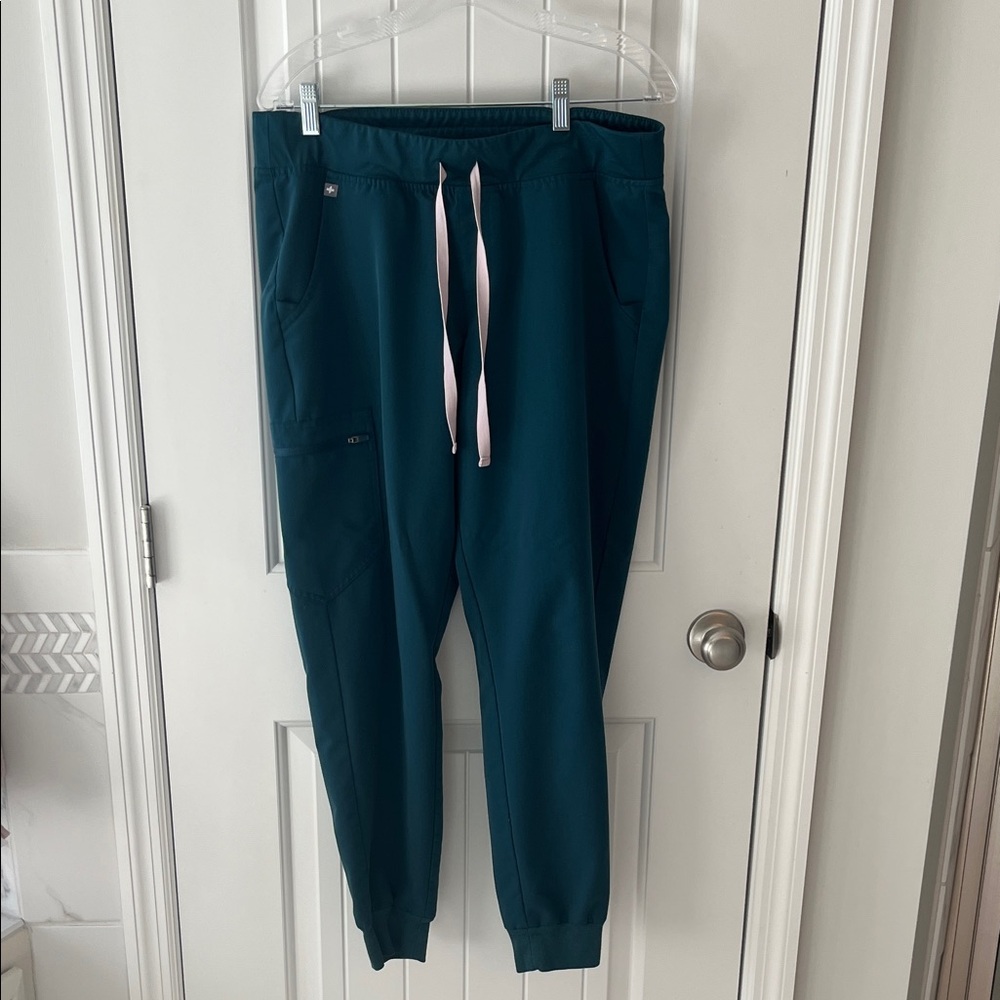Figs Deep Teal Joggers with Pink Drawstring